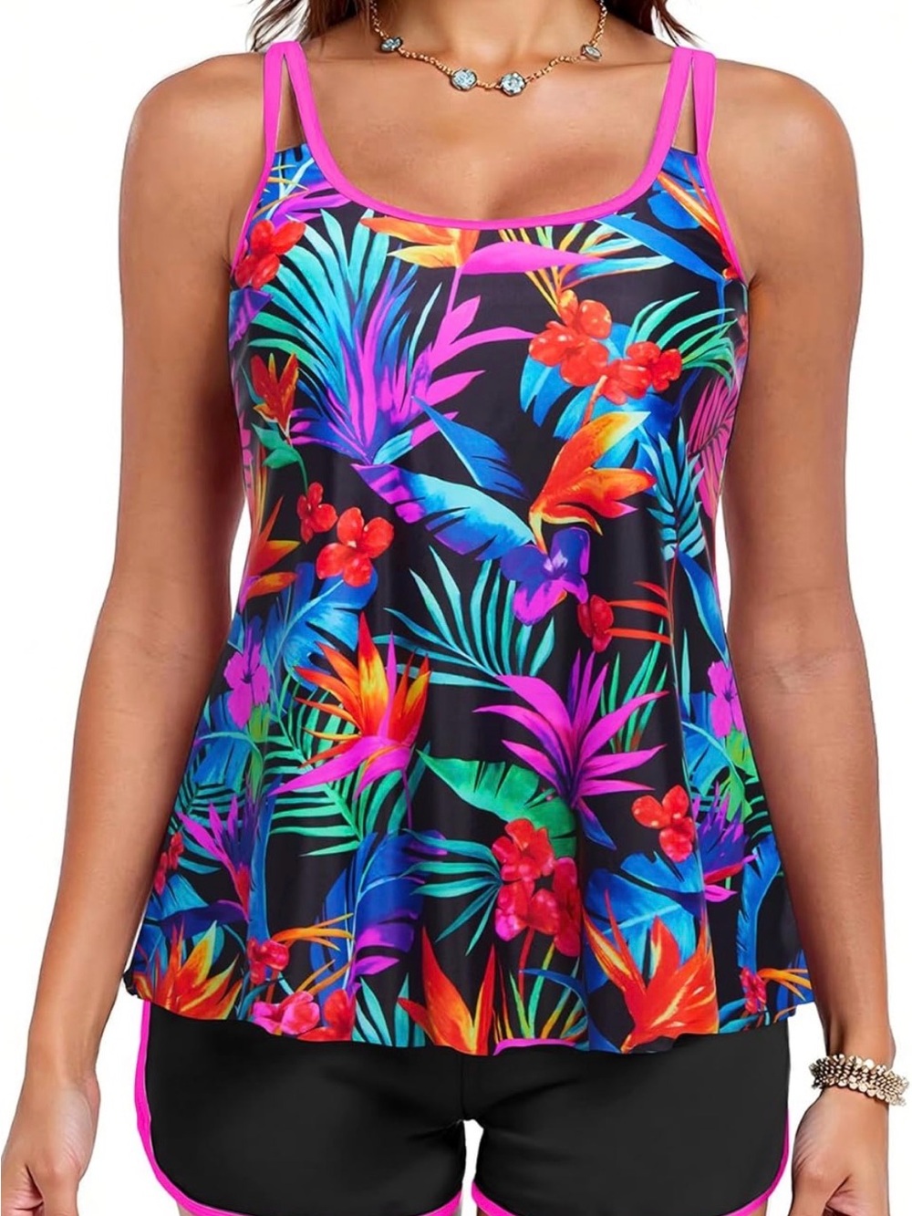 0062: Tropical Floral Tankini Top with Neon Trim with Two Pockets Boy Shorts - Picture 3 of 16